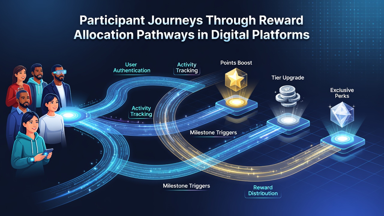 Diagram showing mid-journey reward allocation with user progress and pathway branches